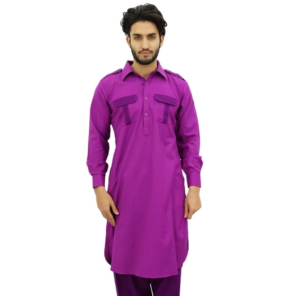 Atasi Men's Pathani Style Men's Long Kurta Magenta Punjabi Ethnic Shirt-X-Large