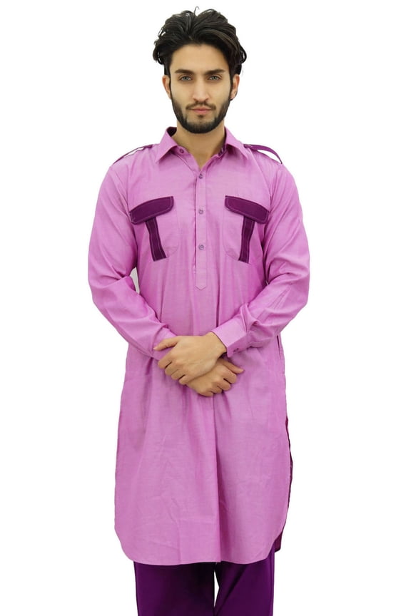 Men's Pathani Style Men's Long Kurta Pink Punjabi Ethnic Shirt-Small