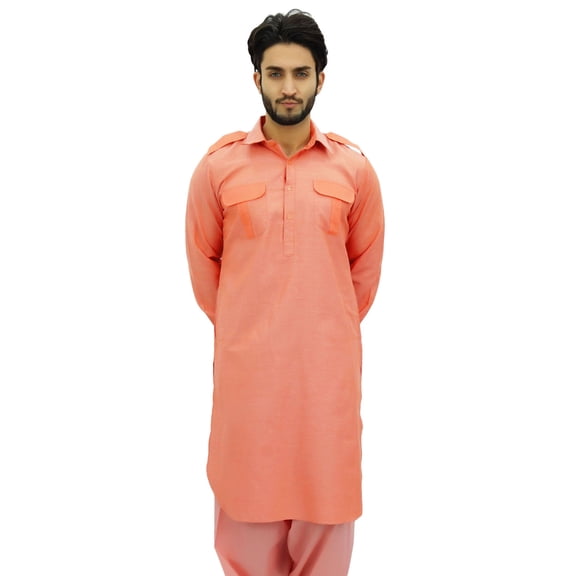 Atasi Men's Pathani Style Men's Long Kurta Salmon Punjabi Ethnic Shirt-Large