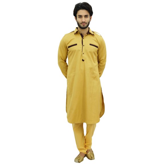 Atasi Men's Pathani Style Men's Punjabi Shirt Yellow Kurta Pyjama Set-L