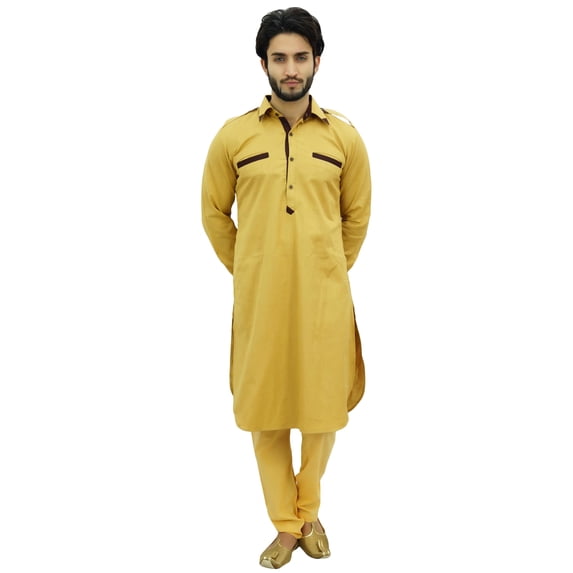 Atasi Men's Pathani Style Men's Punjabi Shirt Yellow Kurta Pyjama Set-L