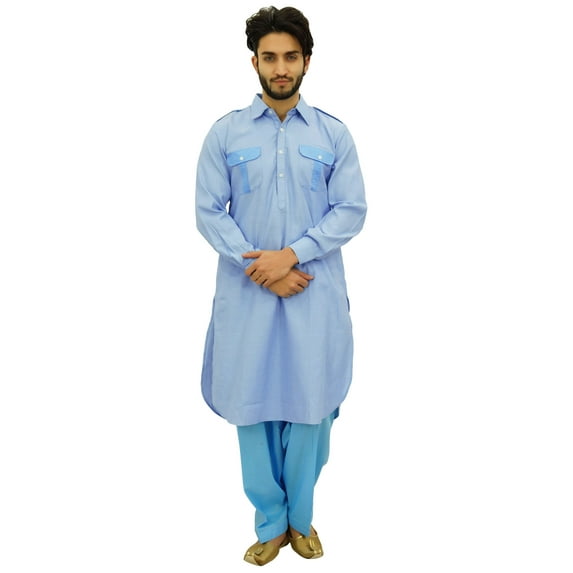 Atasi Men's Pathani Style Men's Salwaar Kameez Blue Punjabi Shirt-XXX-Large
