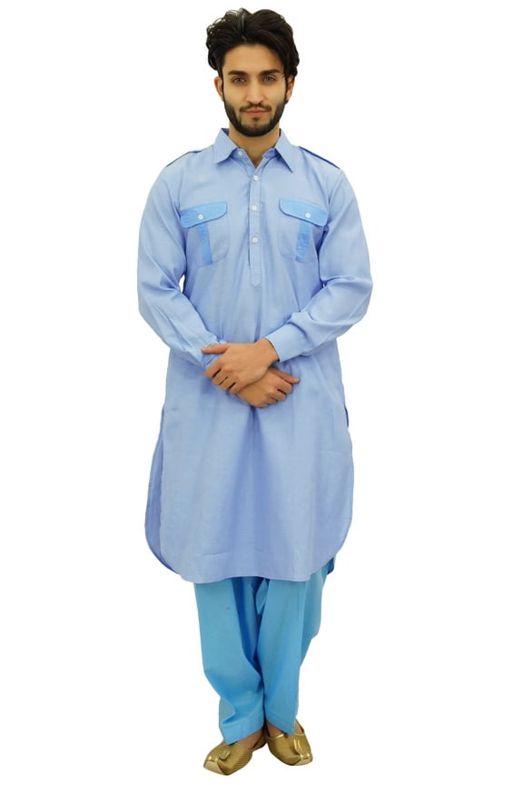 Men's Pathani Style Men's Salwaar Kameez Blue Punjabi Shirt-XXX-Large