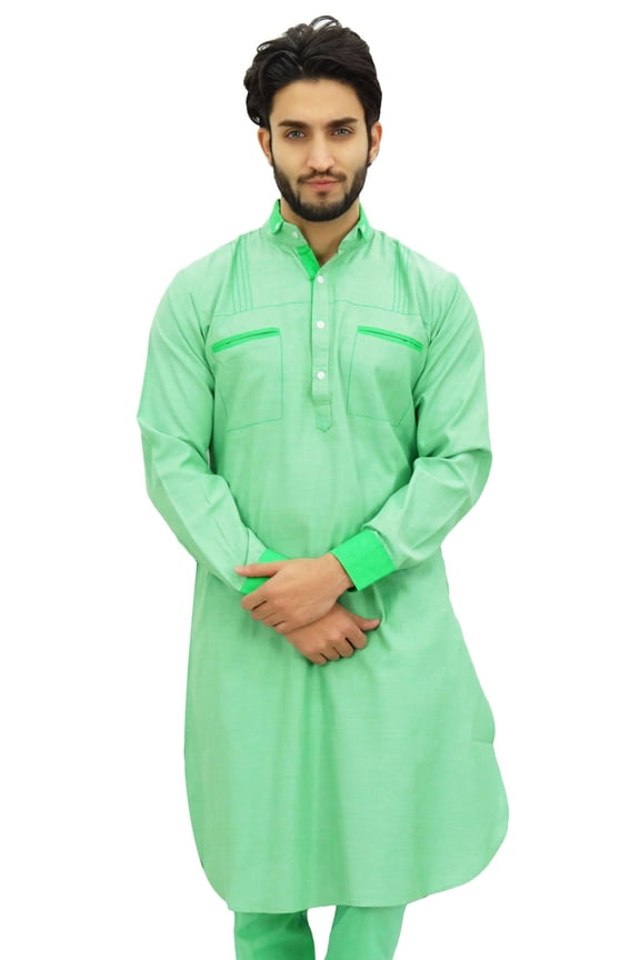 Men's Pathani Style Punjabi Shirt Ethnic Green Long Casual Kurta-Large