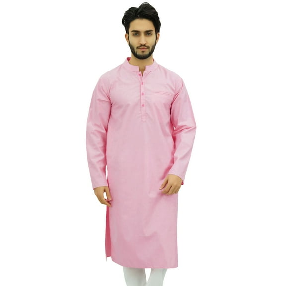 Atasi Men's Pink Kurta Pyjama Set Long Cotton Shirt Indian Ethnic Wear-XL
