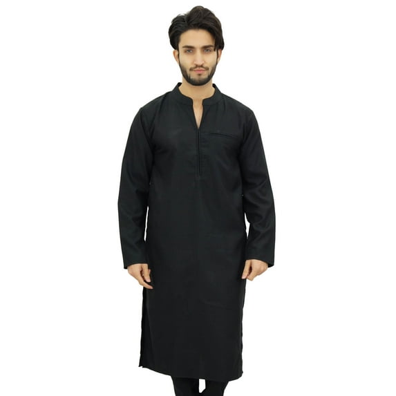 Atasi Men's Plain Black Polyester Long Shirt Festive Summer Casual Kurta-Small