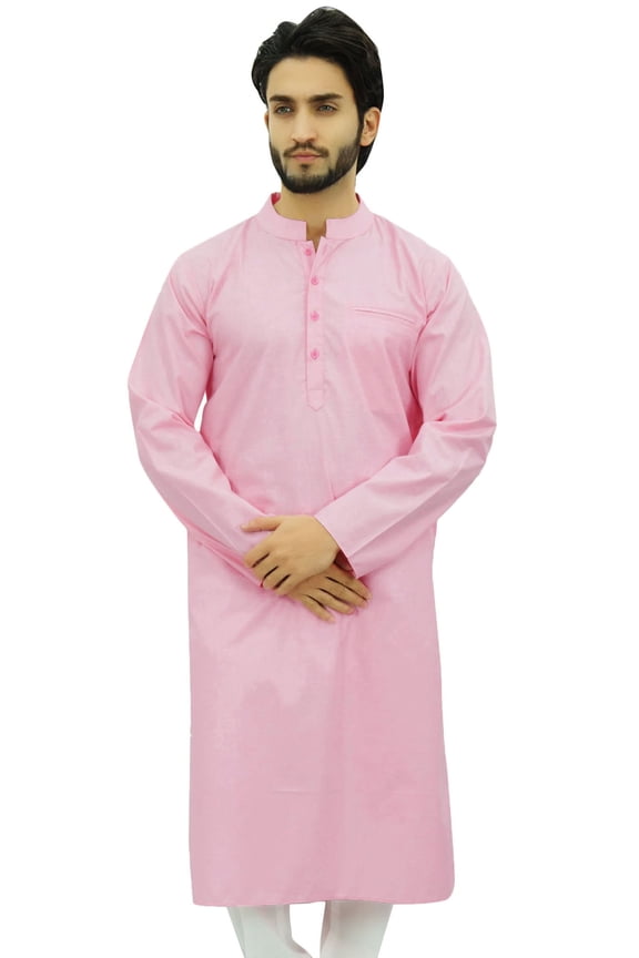 Men's Plain Ethnic Pink Cotton Long Shirt Summer Casual Kurta-Medium