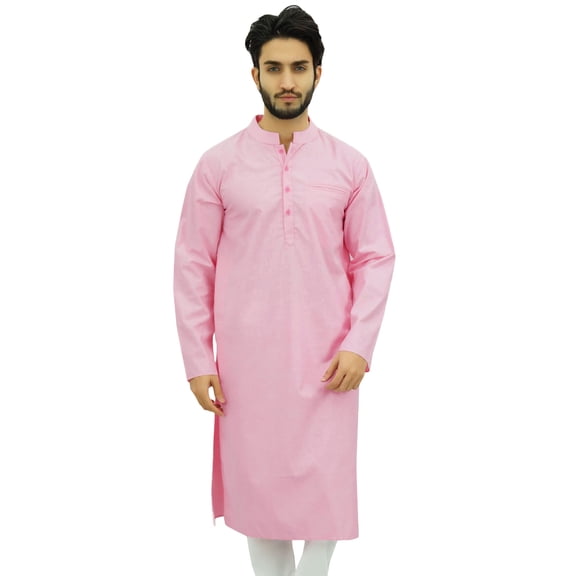 Atasi Men's Plain Ethnic Pink Cotton Long Shirt Summer Casual Kurta-Small