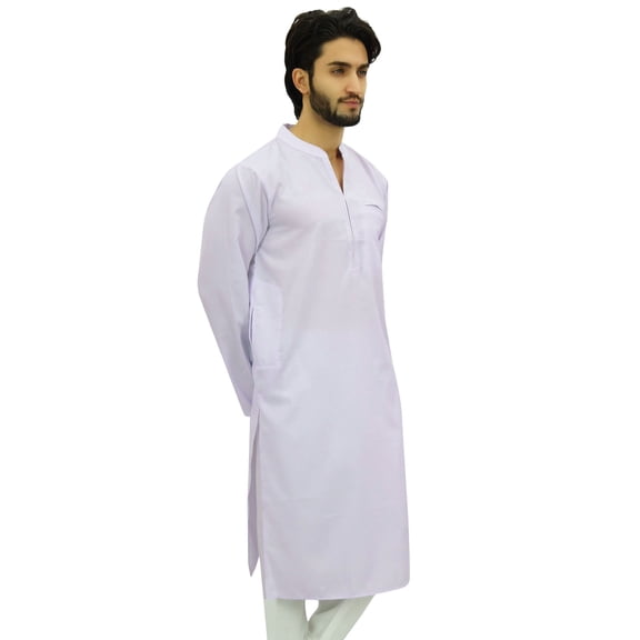 Atasi Men's Plain White Polyester Long Shirt Festive Summer Casual Kurta-Small