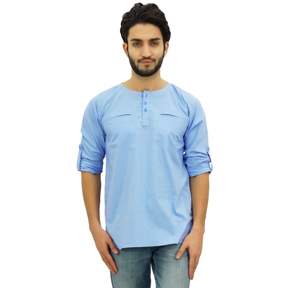 Atasi Men's Round Neck Blue Kurta Cotton Roll-Over Sleeve Shirt-XX-Large