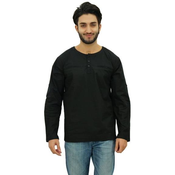 Atasi Men's Round Neck Short Kurta Cotton Roll-Over Sleeves Black Ethnic Shirt-Small
