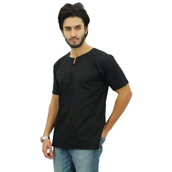 Atasi Men's Short Black Kurta Cotton Casual T-Shirt Ethnic Tunic-Medium
