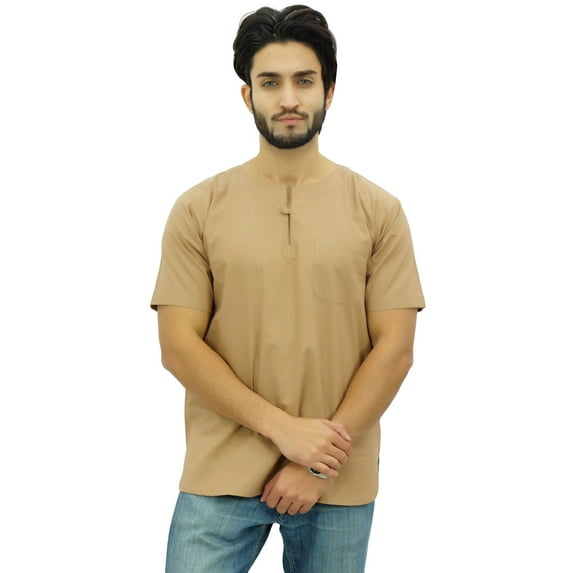 Atasi Men's Short Brown Kurta Cotton Casual T-Shirt Ethnic Tunic-X-Large