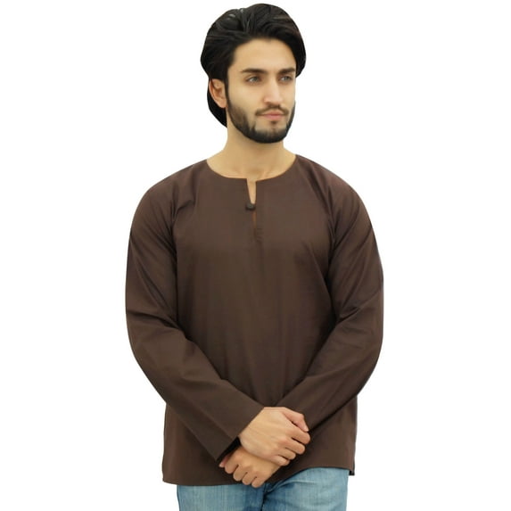 Atasi Men's Short Kurta Brown Round Keyhole Neck Cotton Tunic Shirt-Small