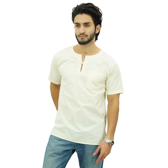 Atasi Men's Short Off White Kurta Cotton Casual Shirt Ethnic Tunic-Large