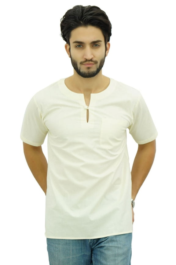 Men's Short Off White Kurta Cotton Casual Shirt Ethnic Tunic-Small
