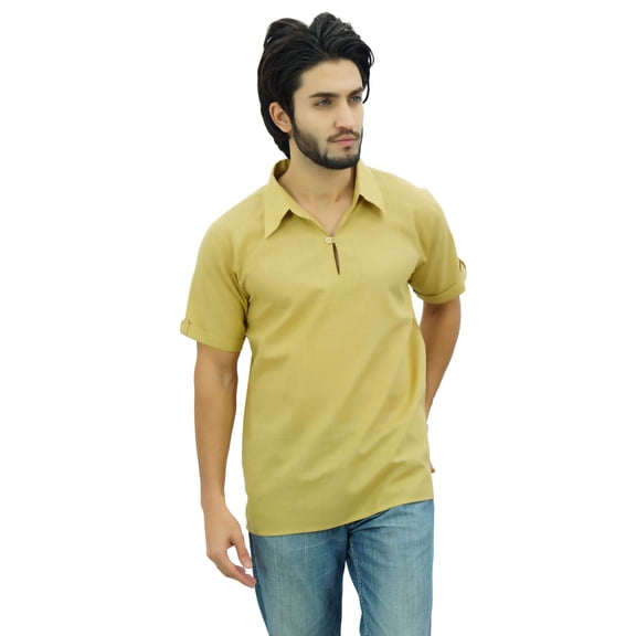 Atasi Men's Short Sleeve Beige Cotton Kurta Collar Shirt Indian Casual Clothing-Medium
