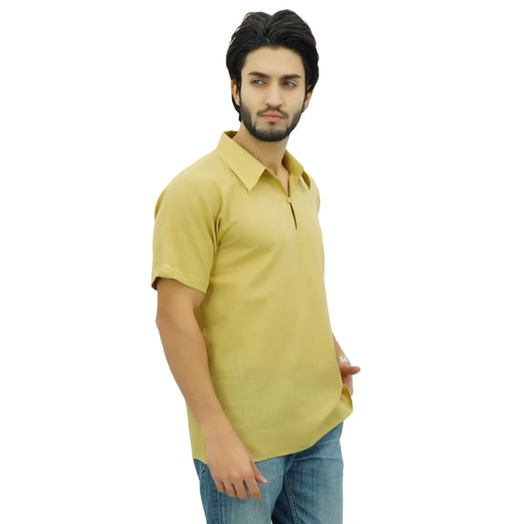 Atasi Men's Short Sleeve Beige Cotton Kurta Collar Shirt Indian Casual Clothing-Small