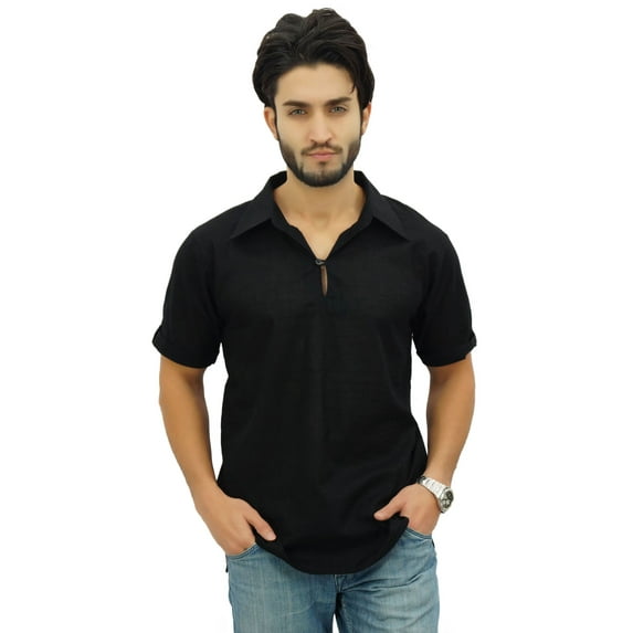 Atasi Men's Short Sleeve Black Cotton Kurta Collar Shirt Indian Casual Clothing-X-Large