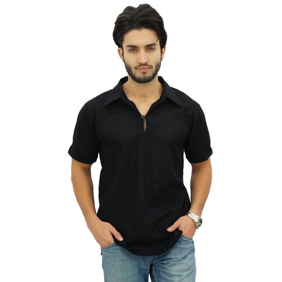 Atasi Men's Short Sleeve Black Cotton Kurta Collar Shirt Indian Casual Clothing-X-Large