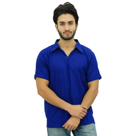 Atasi Men's Short Sleeve Blue Cotton Kurta Collar Shirt Indian Casual Clothing-XXX-Large