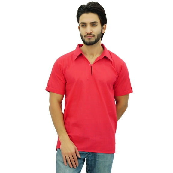Atasi Men's Short Sleeve Cotton Kurta Collar Shirt Indian Peach Casual Clothing-XX-Large