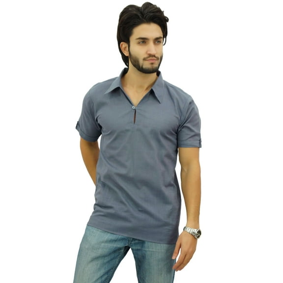 Atasi Men's Short Sleeve Gray Cotton Kurta Collar Shirt Casual Clothing-XX-Large
