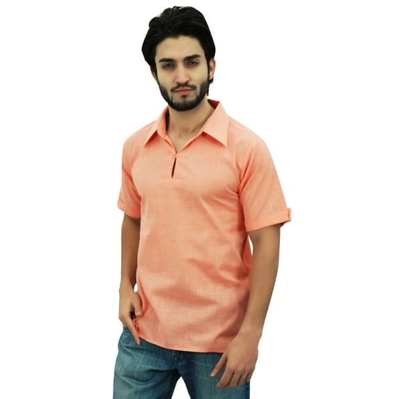 Atasi Men's Short Sleeve Peach Cotton Kurta Collar Shirt Indian Casual Clothing-XXX-Large