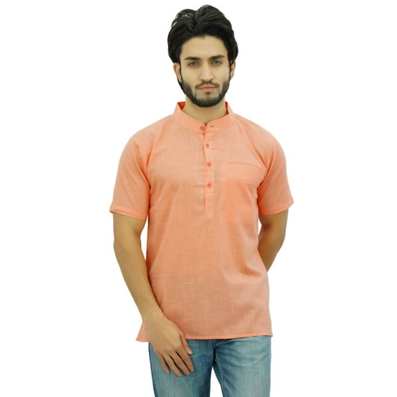 Atasi Men's Short Sleeve Peach Cotton Mandarin Collar Shirt Ethnic Clothing-Small