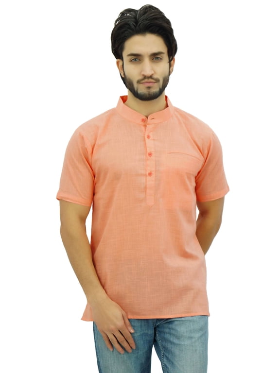 Men's Short Sleeve Peach Cotton Mandarin Collar Shirt Ethnic Clothing-X-Large