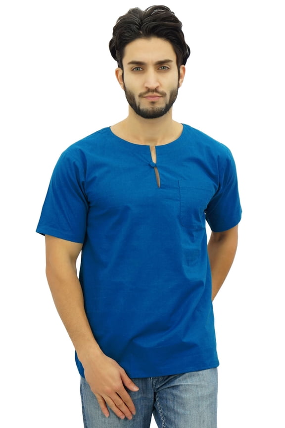 Men's Short Teal Blue Kurta Cotton Casual Shirt Ethnic Tunic-XX-Large