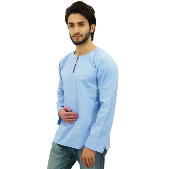 Atasi Men's Sky Blue Short Kurta Round Keyhole Neck Cotton Shirt-Medium