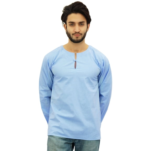 Atasi Men's Sky Blue Short Kurta Round Keyhole Neck Cotton Shirt