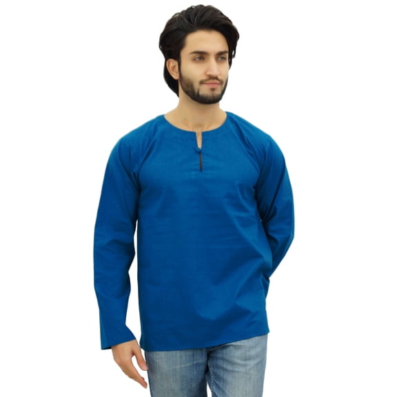 Atasi Men's Teal Blue Short Kurta Round Keyhole Neck Cotton Shirt-XX-Large