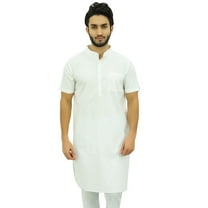 Atasi Men's White Cotton Long Kurta Short Sleeve Casual Shirt Clothing-Small