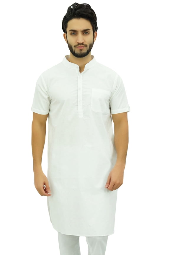 Men's White Cotton Long Kurta Short Sleeve Casual Shirt Clothing-Small