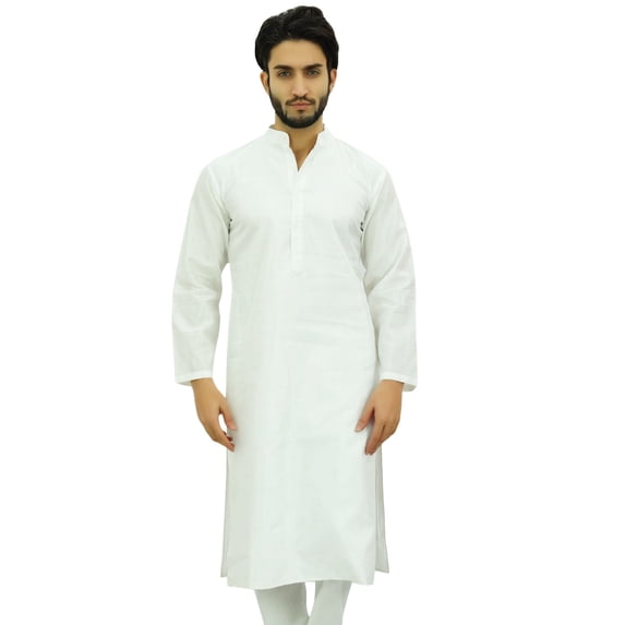 Atasi Men's White Kurta Pyjama Set Ethnic Punjabi Casual Long Dupion Shirt-XL