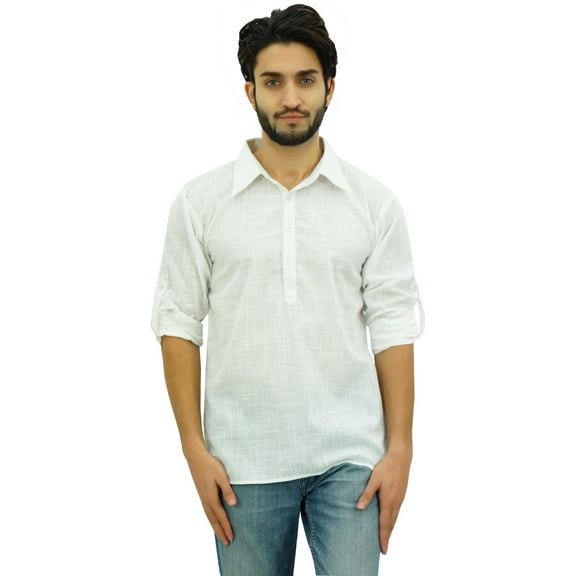 Atasi Men's White Short Kurta Roll-Over Shirt Collar Ethnic Indian Clothing-Large