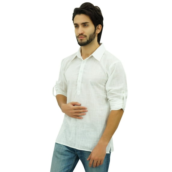 Atasi Men's White Short Kurta Roll-Over Shirt Collar Ethnic Indian Clothing-Medium