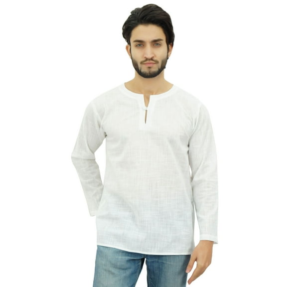 Atasi Men's White Short Kurta Round Keyhole Neck Cotton Tunic Shirt-Small