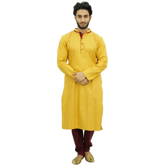 Atasi Men's Yellow Cotton Satin Kurta Pyjama Long Ethnic Indian Shirt-Large