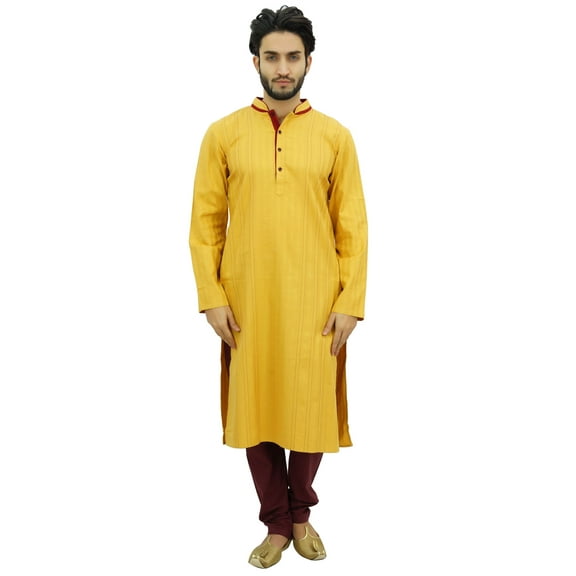 Atasi Men's Yellow Cotton Satin Kurta Pyjama Long Ethnic Indian Shirt-Medium