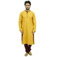 thumbnail image 1 of Atasi Men's Yellow Cotton Satin Kurta Pyjama Long Ethnic Indian Shirt-Small, 1 of 7