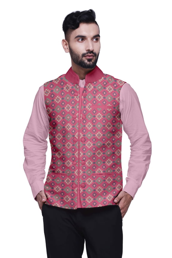 Mens Casual Jackets Lightweight Partywear Indian Waistcoat Printed Nehru Jacket-Large