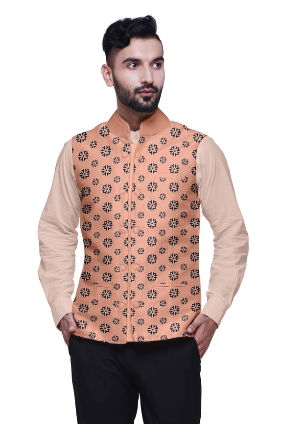 Mens Casual Jackets Lightweight Partywear Indian Waistcoat Printed Nehru Jacket-Small