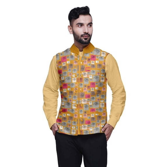 Atasi Mens Casual Jackets Lightweight Partywear Indian Waistcoat Printed Nehru Jacket-XX-Large