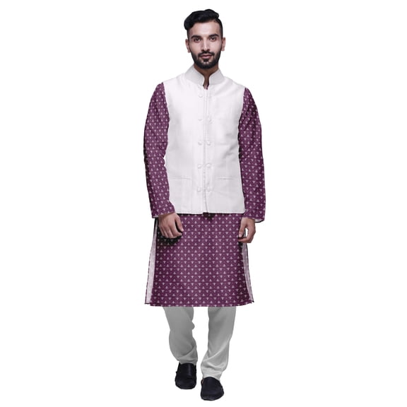 Atasi Mens Kurta Pajama Jacket Indian Mandarin Collar Printed Ethnic Wear Set