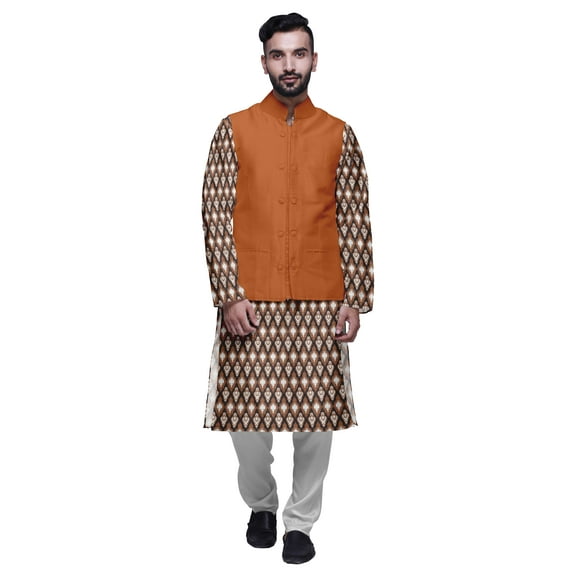 Atasi Mens Kurta Pajama Jacket Indian Mandarin Collar Printed Ethnic Wear Set