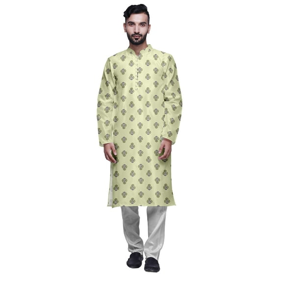 Atasi Mens Printed Modal Satin Indian Long Kurta With White Churidar Pajama Set