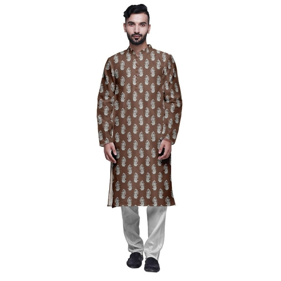 Atasi Mens Printed Modal Satin Indian Long Kurta With White Churidar Pajama Set